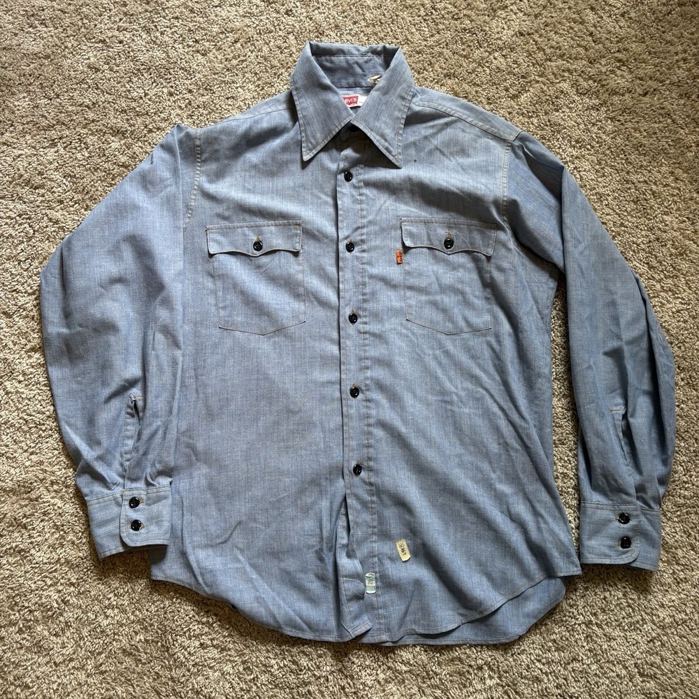 Vintage 70s Levis Orange Tab Chambray Shirt Mens Size Large USA Made Denim
